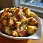 Close-up of a white bowl filled with golden-brown crock pot stuffing, topped with fresh parsley and visible pieces of onion and celery.