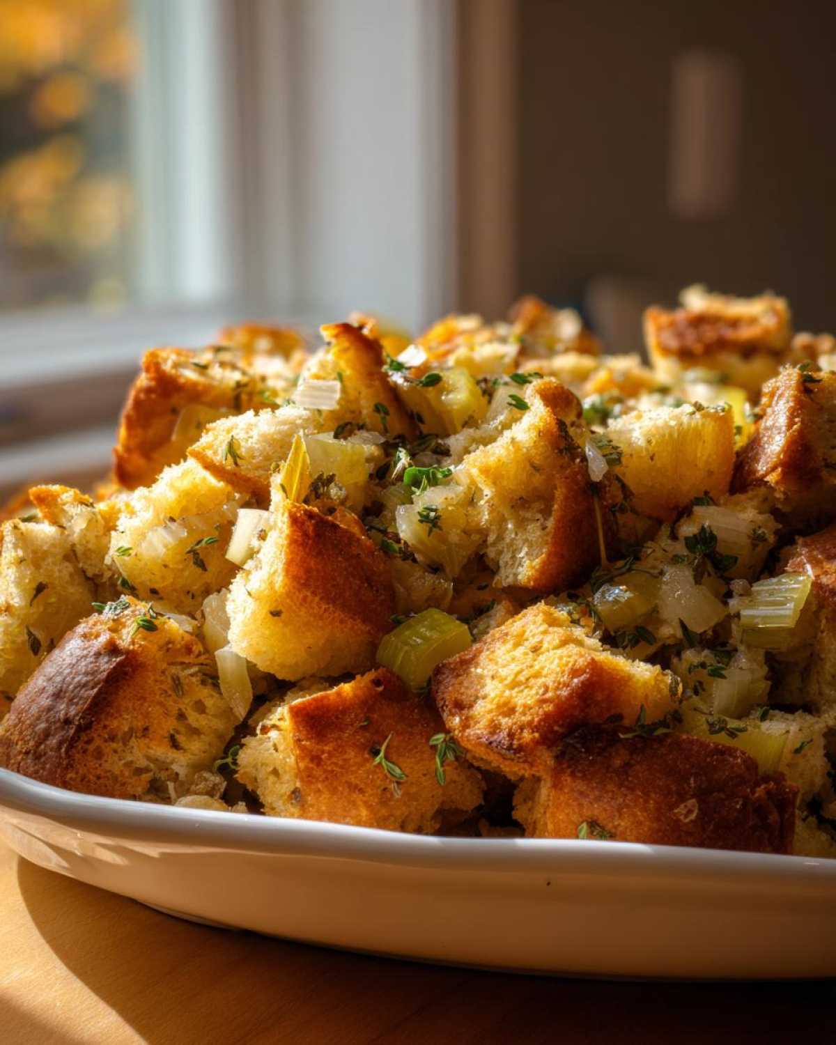 Close-up of golden-brown bread cubes in a white dish, mixed with celery, onions, and fresh herbs, showcasing the delicious crock pot stuffing.