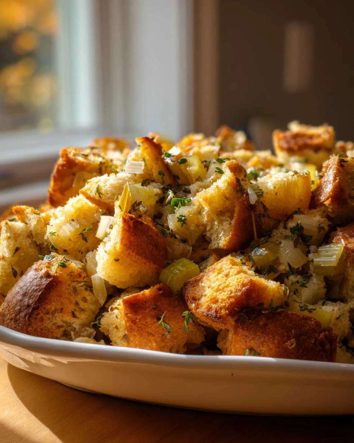 Close-up of golden-brown bread cubes in a white dish, mixed with celery, onions, and fresh herbs, showcasing the delicious crock pot stuffing.