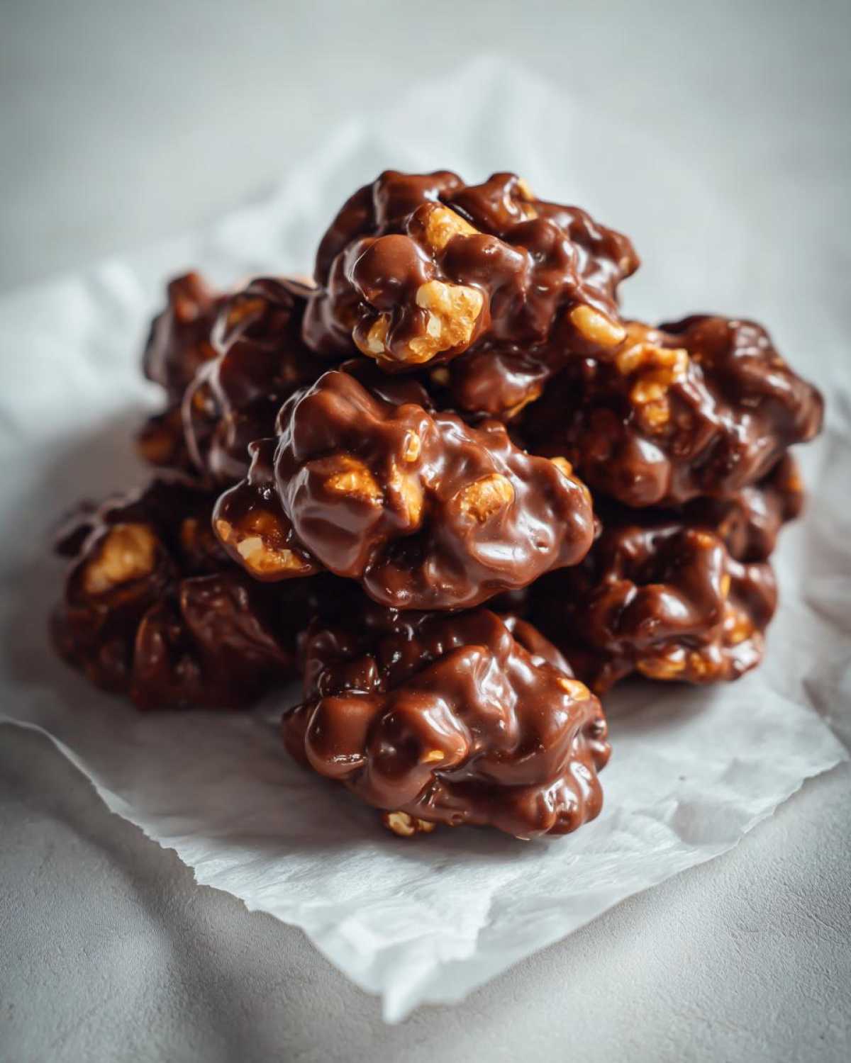 A close-up of a pile of shiny, chocolate-covered Crockpot candy clusters with visible nuts.
