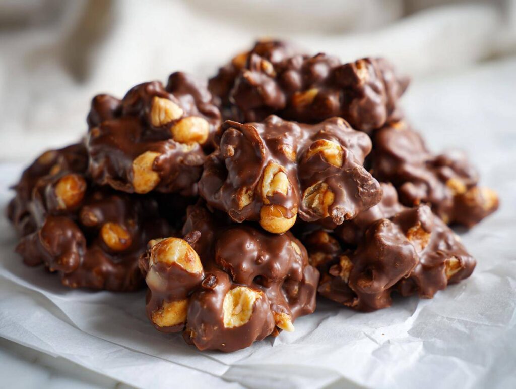 A close-up shot of a pile of homemade Crockpot candy clusters made with chocolate and peanuts.