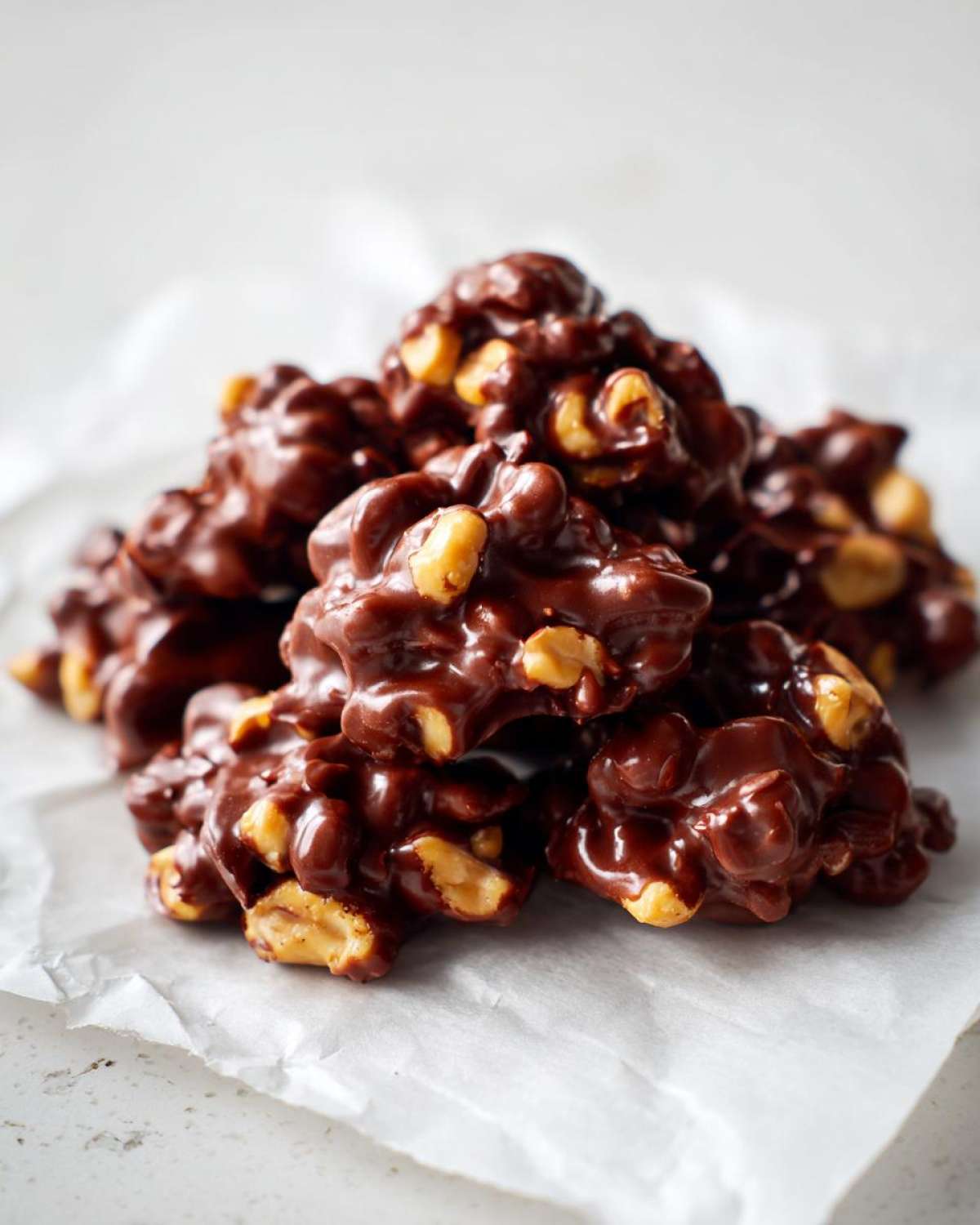 A close-up of a pile of shiny, chocolate-covered peanut clusters, known as Crockpot Candy.