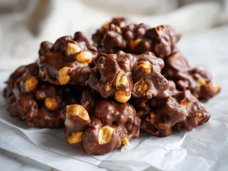 A close-up shot of a pile of homemade Crockpot candy clusters made with chocolate and peanuts.