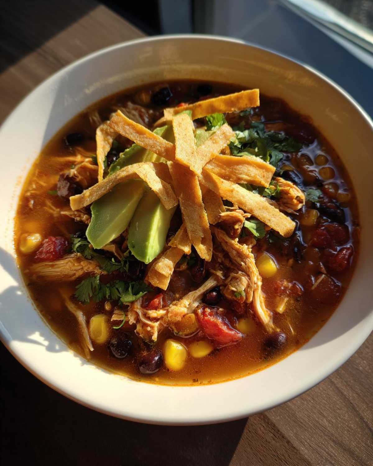 A close-up of a bowl of crockpot chicken tortilla soup, topped with avocado, tortilla strips, and cilantro.