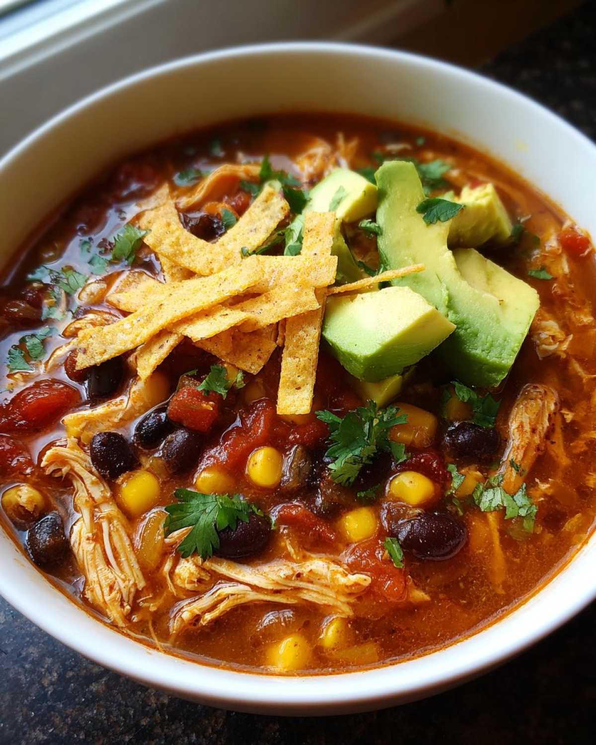 A close-up of a hearty bowl of crockpot chicken tortilla soup, topped with avocado, tortilla strips, and cilantro.