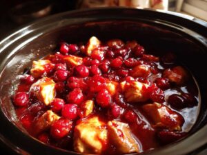 Close-up of delicious crockpot cranberry chicken simmering in a dark slow cooker, with whole cranberries and chicken pieces.