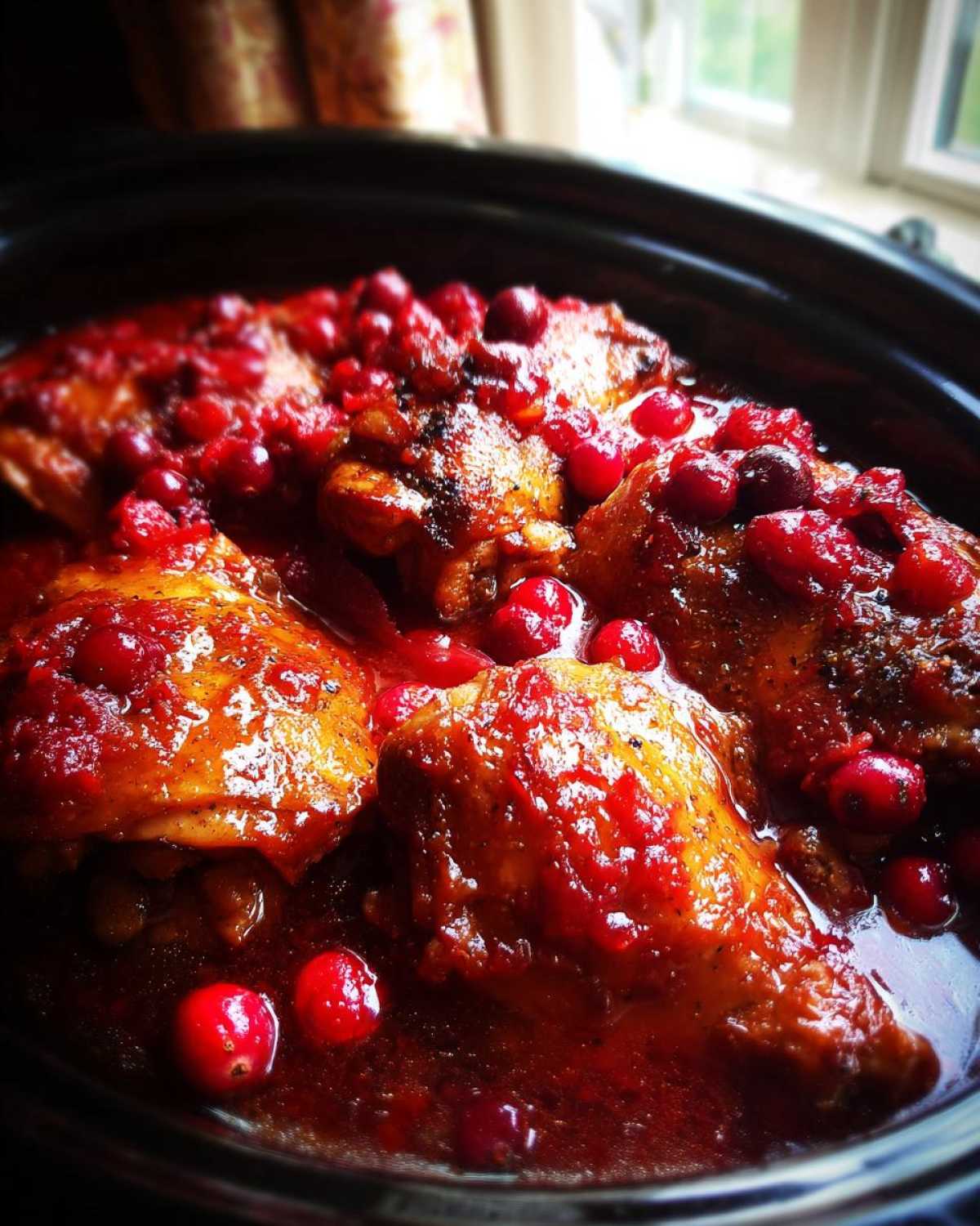 Close-up of tender chicken pieces coated in a glossy cranberry sauce in a crockpot.