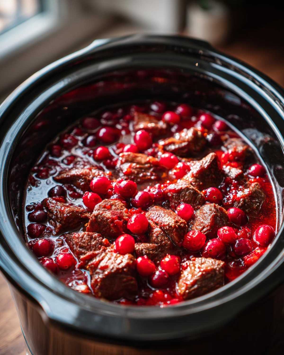 Close-up of tender chicken pieces simmering in a rich, red cranberry sauce in a black crockpot.