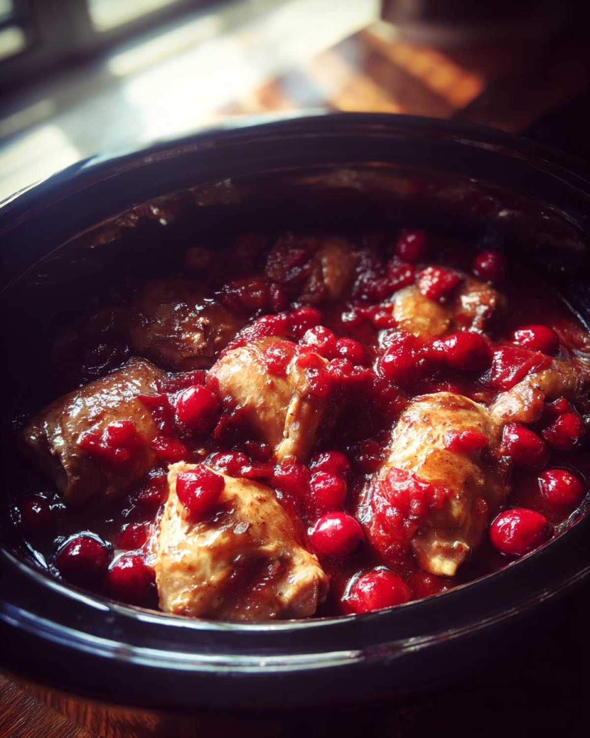 Close-up of tender chicken pieces coated in a rich cranberry sauce in a crockpot.