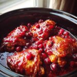 Close-up of tender chicken thighs coated in a glossy cranberry sauce in a black crockpot.