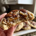 A hand holds a delicious Crumbl Pecan Pie Cookie, showing its gooey caramel filling and pecan topping.