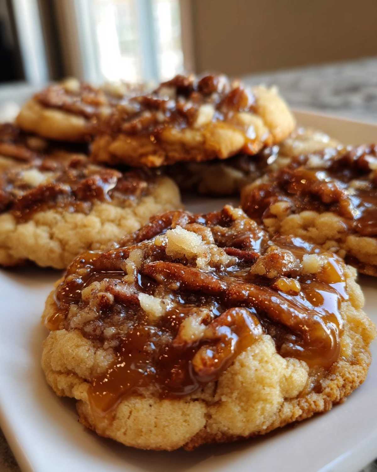 Close-up of delicious Crumbl Pecan Pie Cookies topped with gooey caramel and chopped pecans.
