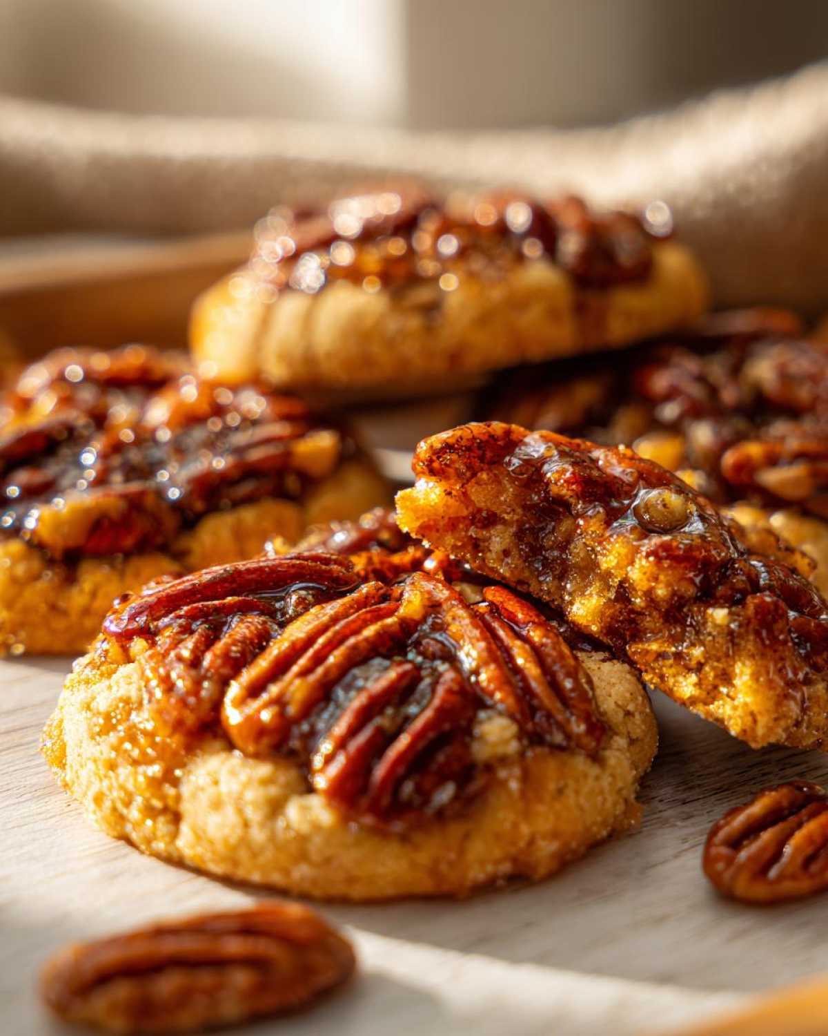 Close-up of delicious Crumbl Pecan Pie Cookies topped with glossy pecans and caramel.