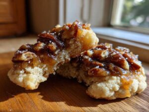 Close-up of two delicious Crumbl Pecan Pie Cookies, showing the gooey pecan topping and soft cookie base.