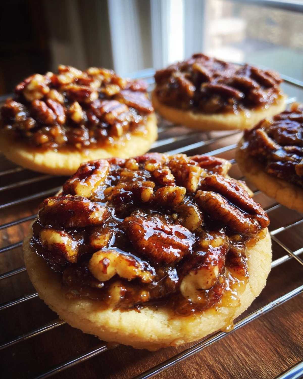Close-up of delicious Crumbl pecan pie cookies topped with a gooey pecan filling on a cooling rack.