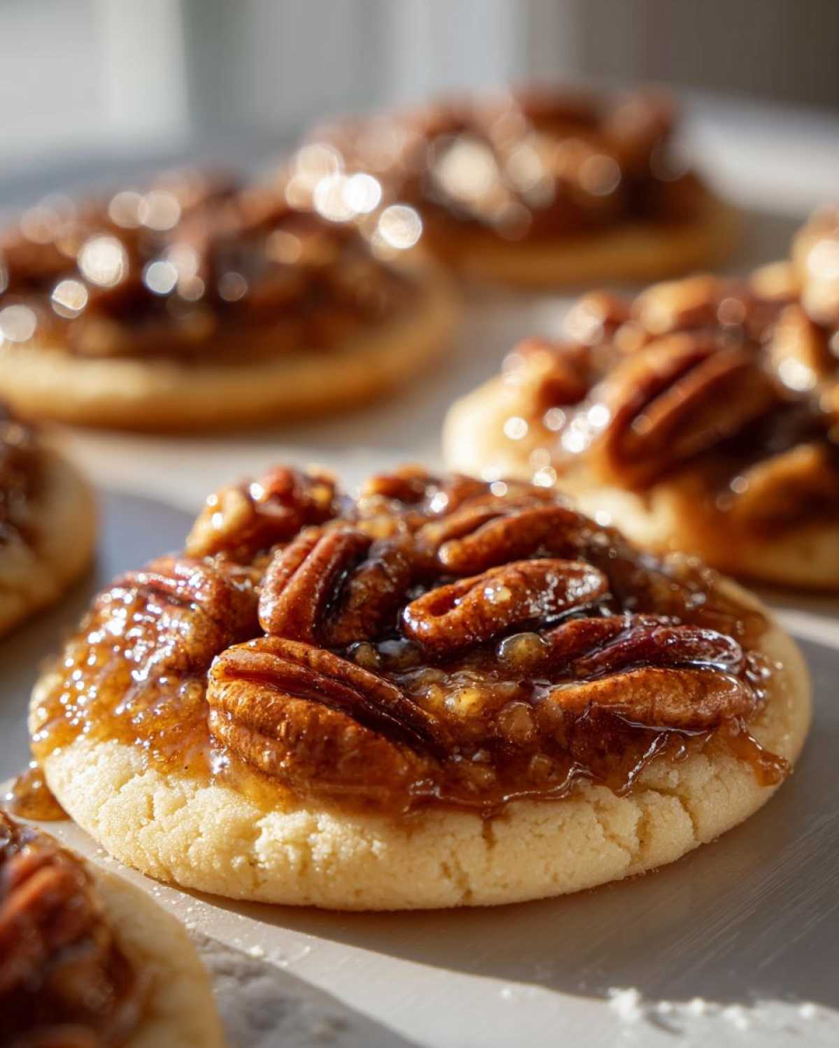 Close-up of a delicious Crumbl Pecan Pie Cookie topped with glossy caramel and whole pecans.