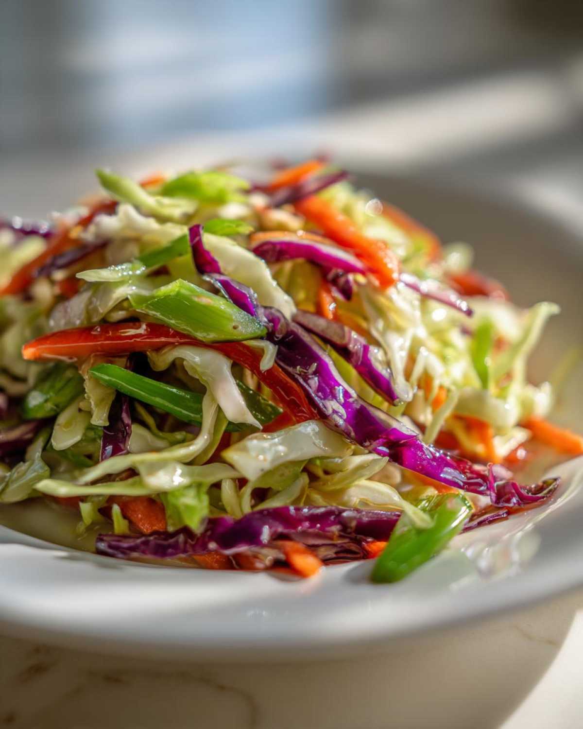 Close-up of a vibrant, crunchy cabbage salad featuring shredded green cabbage, purple cabbage, carrots, and green onions.