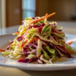 A vibrant mound of crunchy cabbage salad featuring shredded green, purple cabbage, and bright orange carrots.