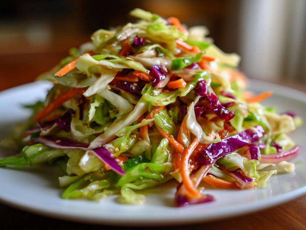 A vibrant mound of fresh cabbage salad featuring shredded green cabbage, red cabbage, and carrots, lightly dressed.