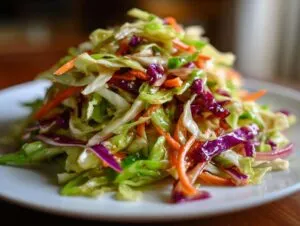 A vibrant mound of fresh cabbage salad featuring shredded green cabbage, red cabbage, and carrots, lightly dressed.