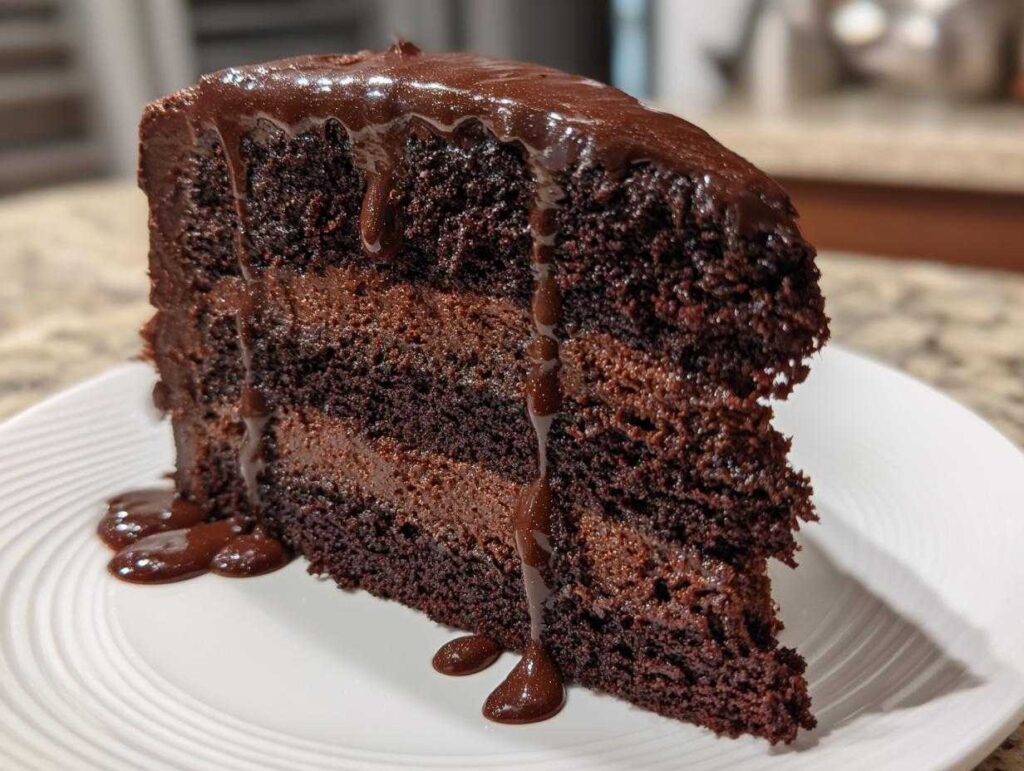 A decadent slice of Death by Chocolate Cake with rich chocolate frosting and ganache.