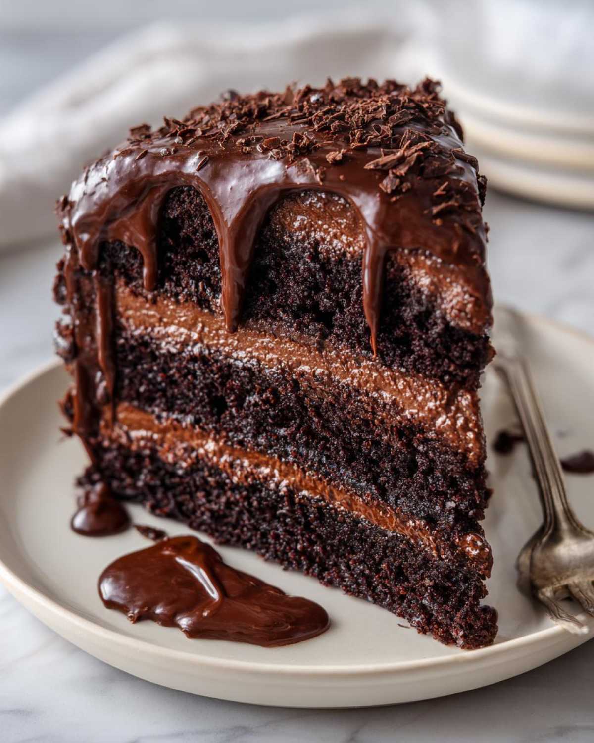 A decadent slice of Death by Chocolate Cake with rich chocolate frosting and ganache.