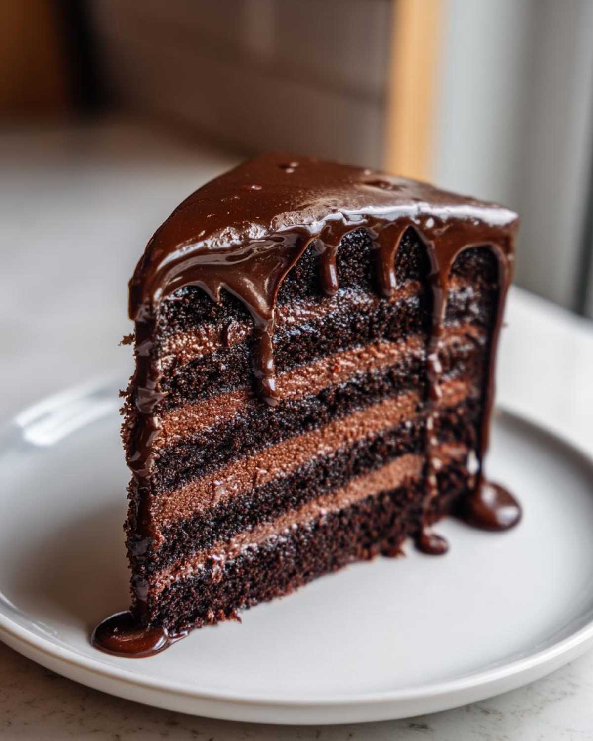 A decadent slice of Death by Chocolate Cake with rich chocolate frosting and multiple layers.