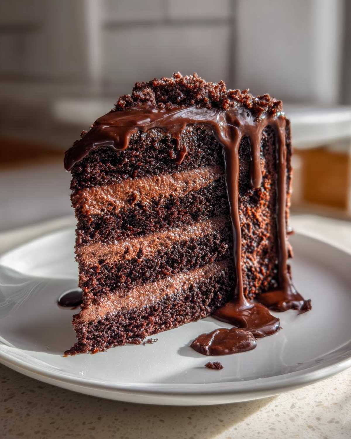 A rich slice of Death by Chocolate Cake with three layers of dark chocolate cake and chocolate frosting, topped with chocolate ganache.