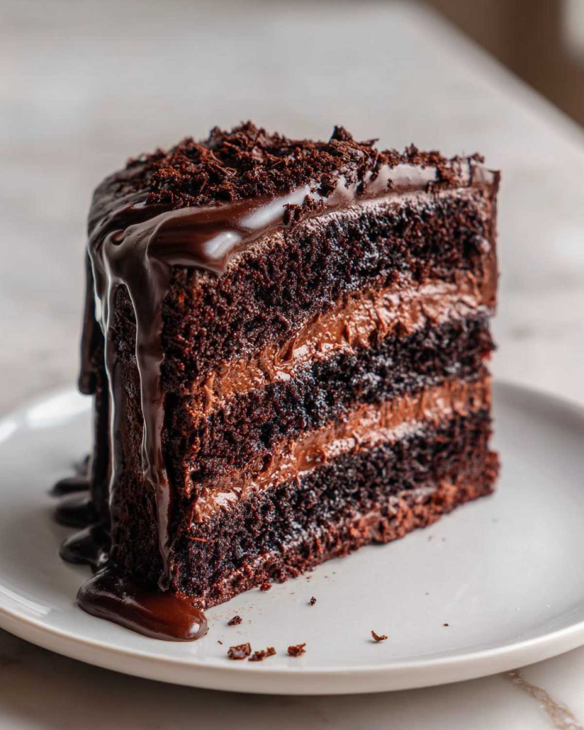A rich slice of death by chocolate cake with three layers, rich chocolate frosting, and chocolate ganache.