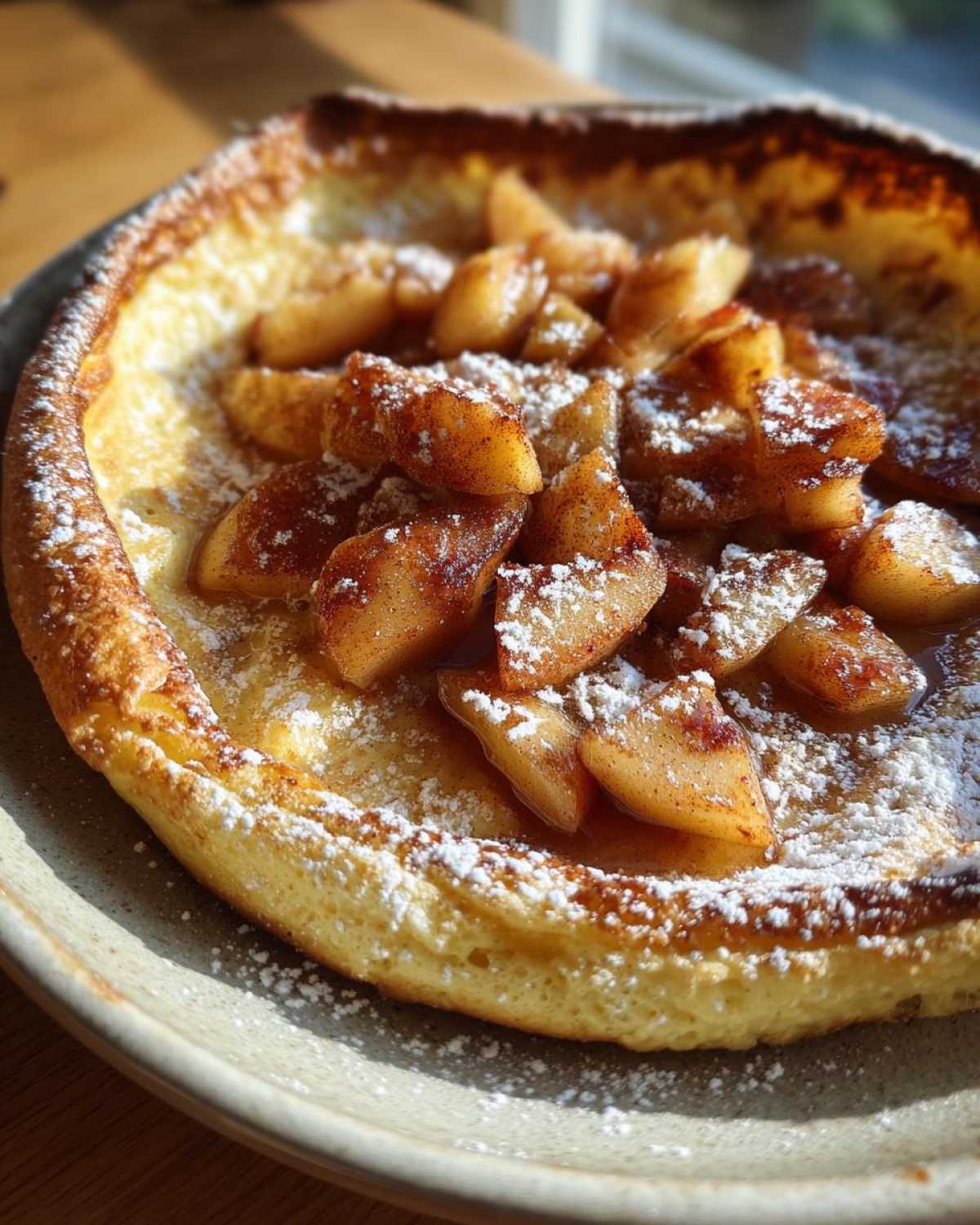Close-up of a fluffy Dutch baby pancake with apples, dusted with powdered sugar and cinnamon.