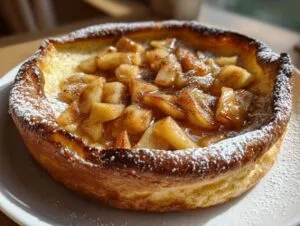 A close-up of a fluffy Dutch baby pancake with apples, dusted with powdered sugar.