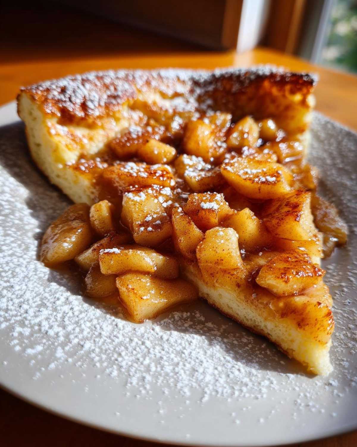 A slice of fluffy Dutch baby pancake topped with warm, spiced apples and dusted with powdered sugar.