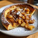 A slice of fluffy Dutch baby pancake topped with warm, spiced apples and dusted with powdered sugar.