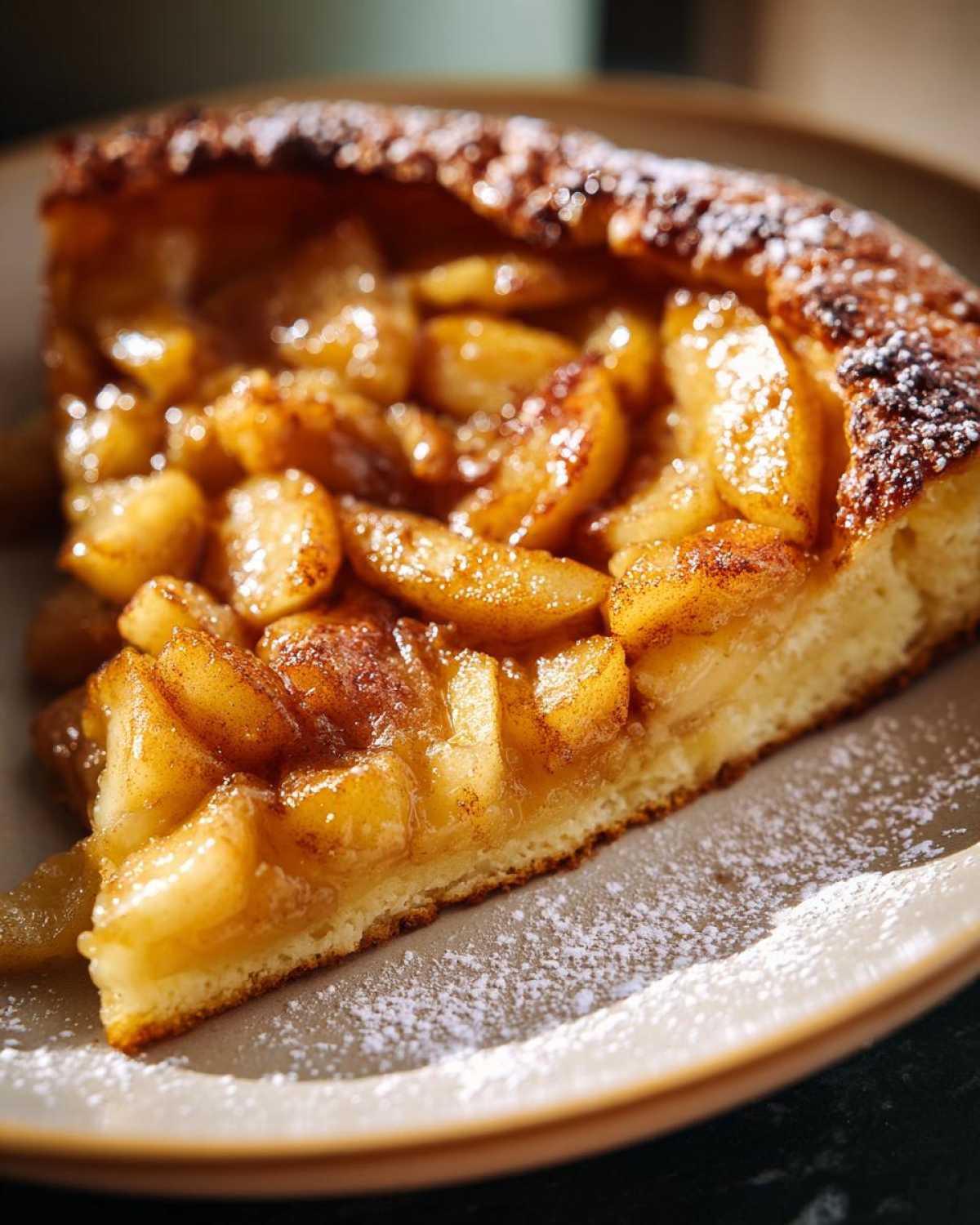 A slice of fluffy Dutch baby pancake with baked apples and cinnamon, dusted with powdered sugar.