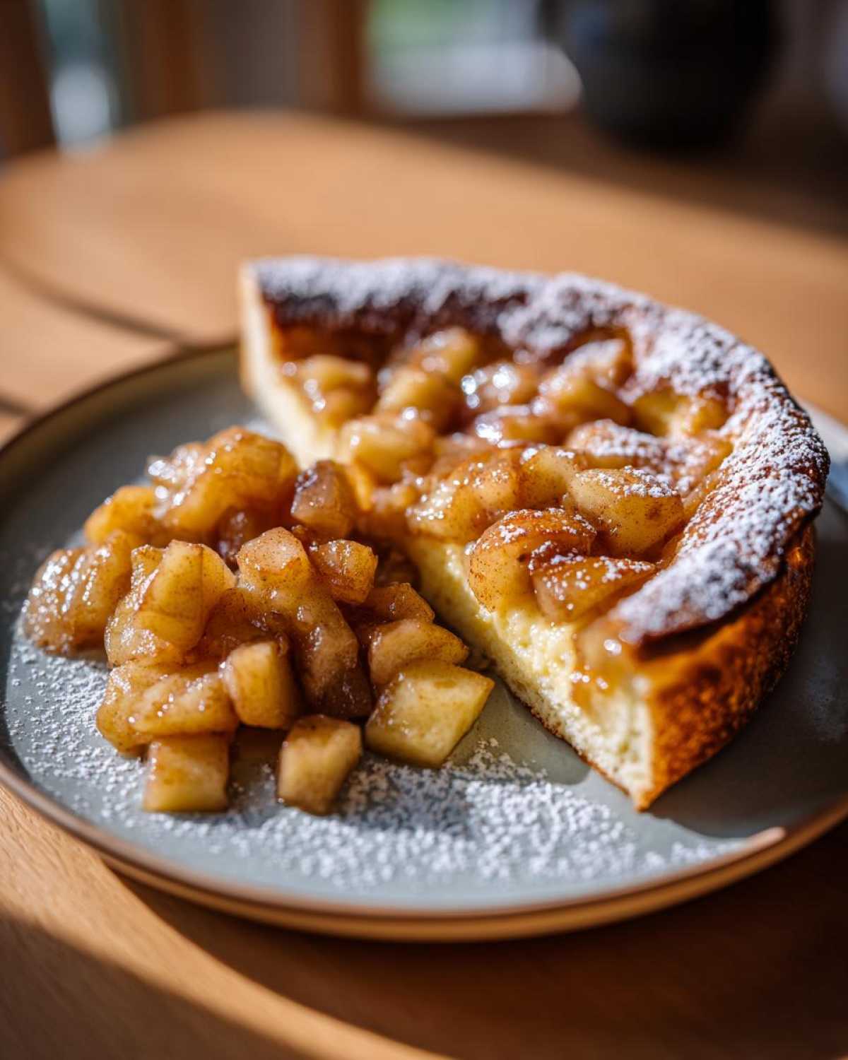 A slice of fluffy Dutch baby pancake with apples, dusted with powdered sugar.