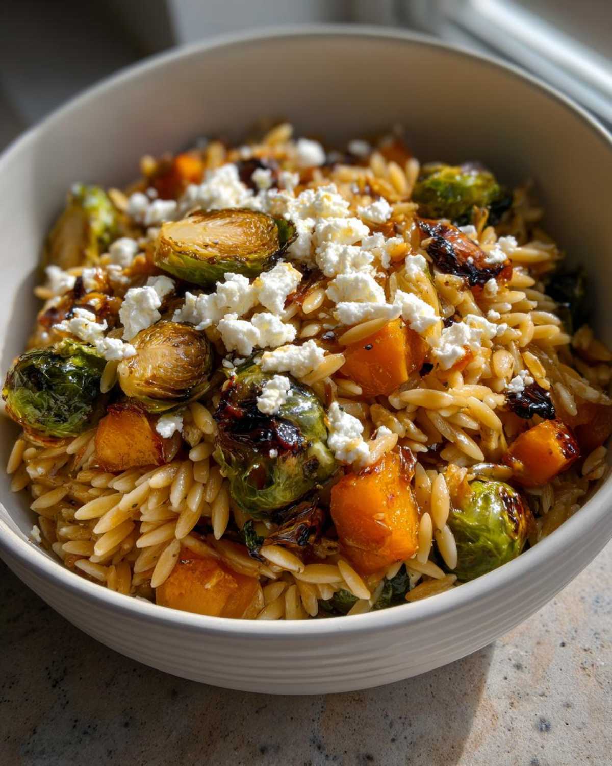 A bowl of fall orzo salad topped with roasted Brussels sprouts, butternut squash, and crumbled feta cheese.