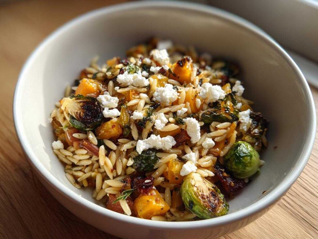 A bowl of fall orzo salad featuring roasted butternut squash, Brussels sprouts, and crumbled feta cheese.