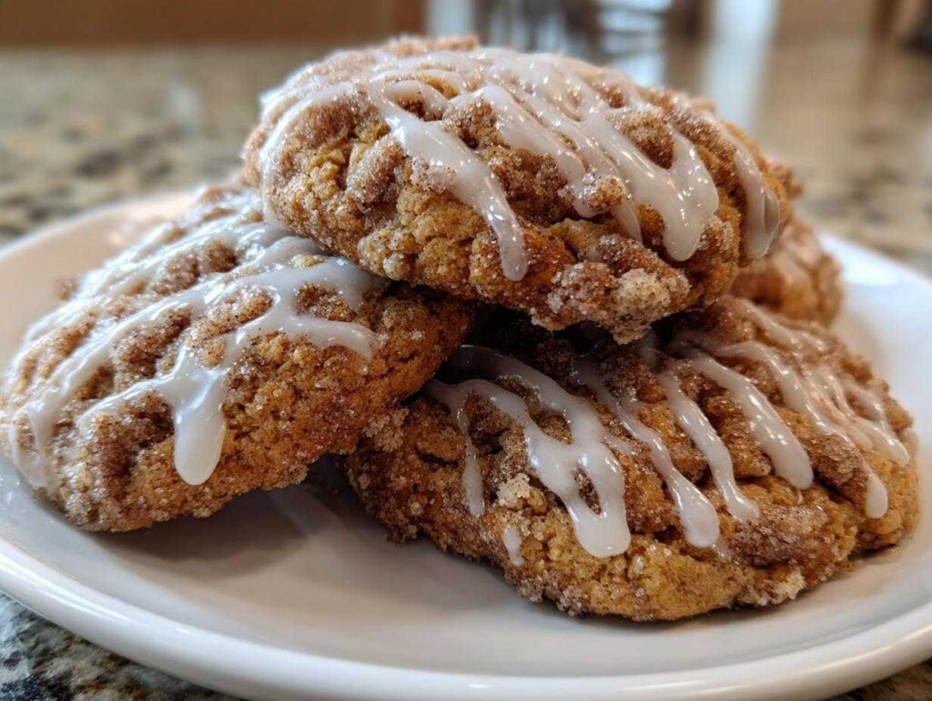A stack of four soft coffee cake cookies coated in cinnamon sugar and drizzled with white vanilla glaze.