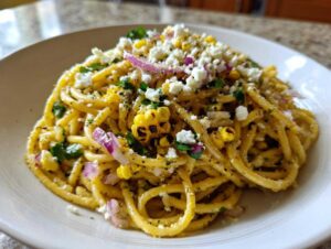Close-up of a serving of street corn pasta salad featuring yellow pasta, charred corn kernels, red onion, and crumbled white cheese.