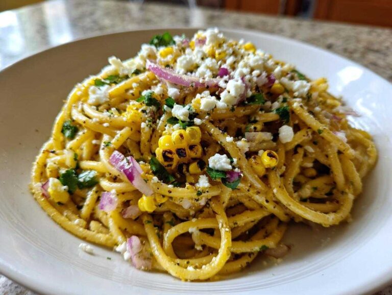 Close-up of a serving of street corn pasta salad featuring yellow pasta, charred corn kernels, red onion, and crumbled white cheese.