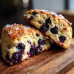 Two fluffy blueberry scones, split in half, showcasing juicy blueberries and a sparkling sugar topping on a wooden board.