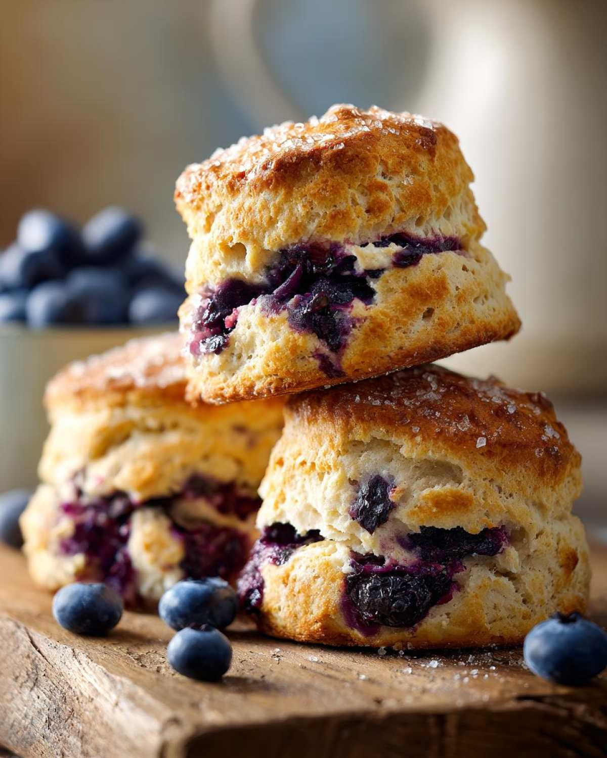 A stack of three fluffy blueberry scones, generously filled with blueberries and sprinkled with sugar.