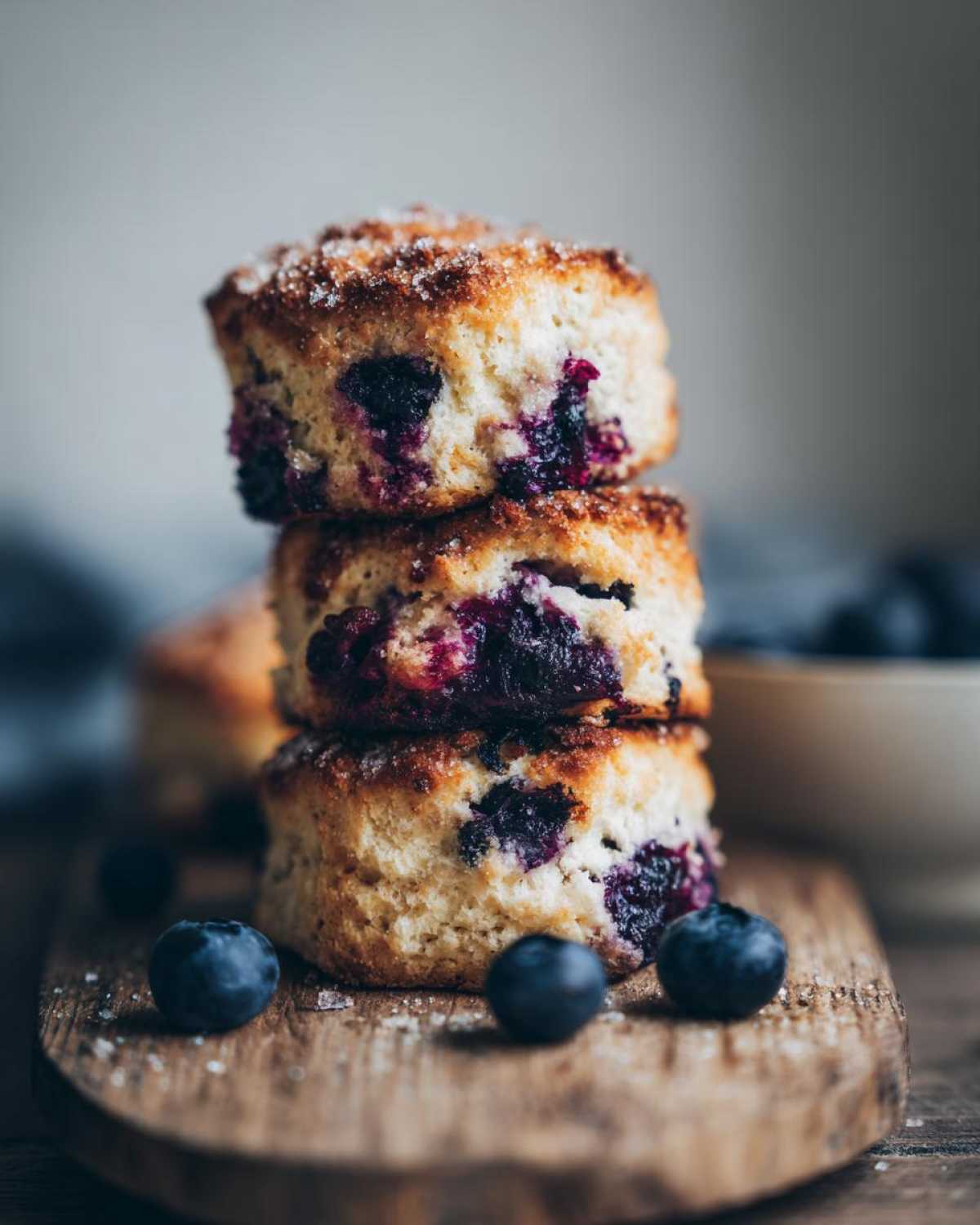 A stack of three fluffy blueberry scones, topped with sugar, on a wooden board with fresh blueberries scattered around.