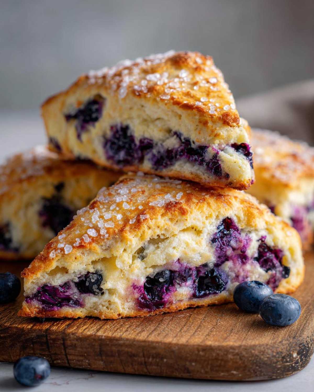 Close-up of stacked fluffy blueberry scones with a golden crust and visible blueberries, sprinkled with sugar.