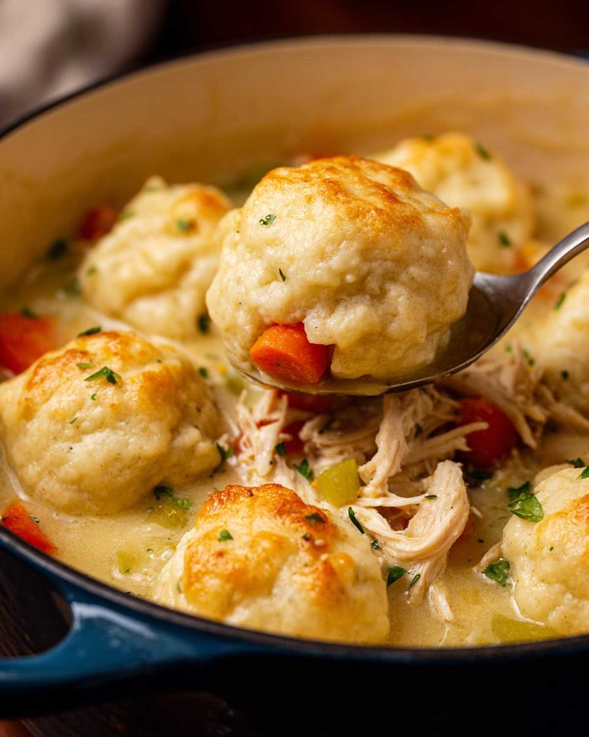 A spoonful lifts a fluffy, golden-brown dumpling from a pot of creamy chicken stew filled with shredded chicken and carrots, showcasing the delicious dumplings.