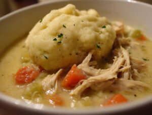 Close-up of a large, fluffy dumpling served atop shredded chicken and vegetables in a creamy sauce, featuring our amazing dumplings.