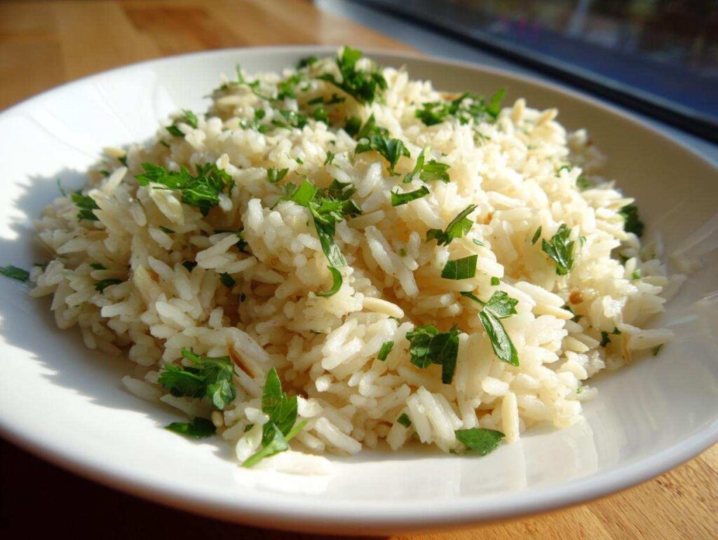Close-up of a white bowl filled with fluffy rice pilaf recipe, topped generously with chopped green parsley.