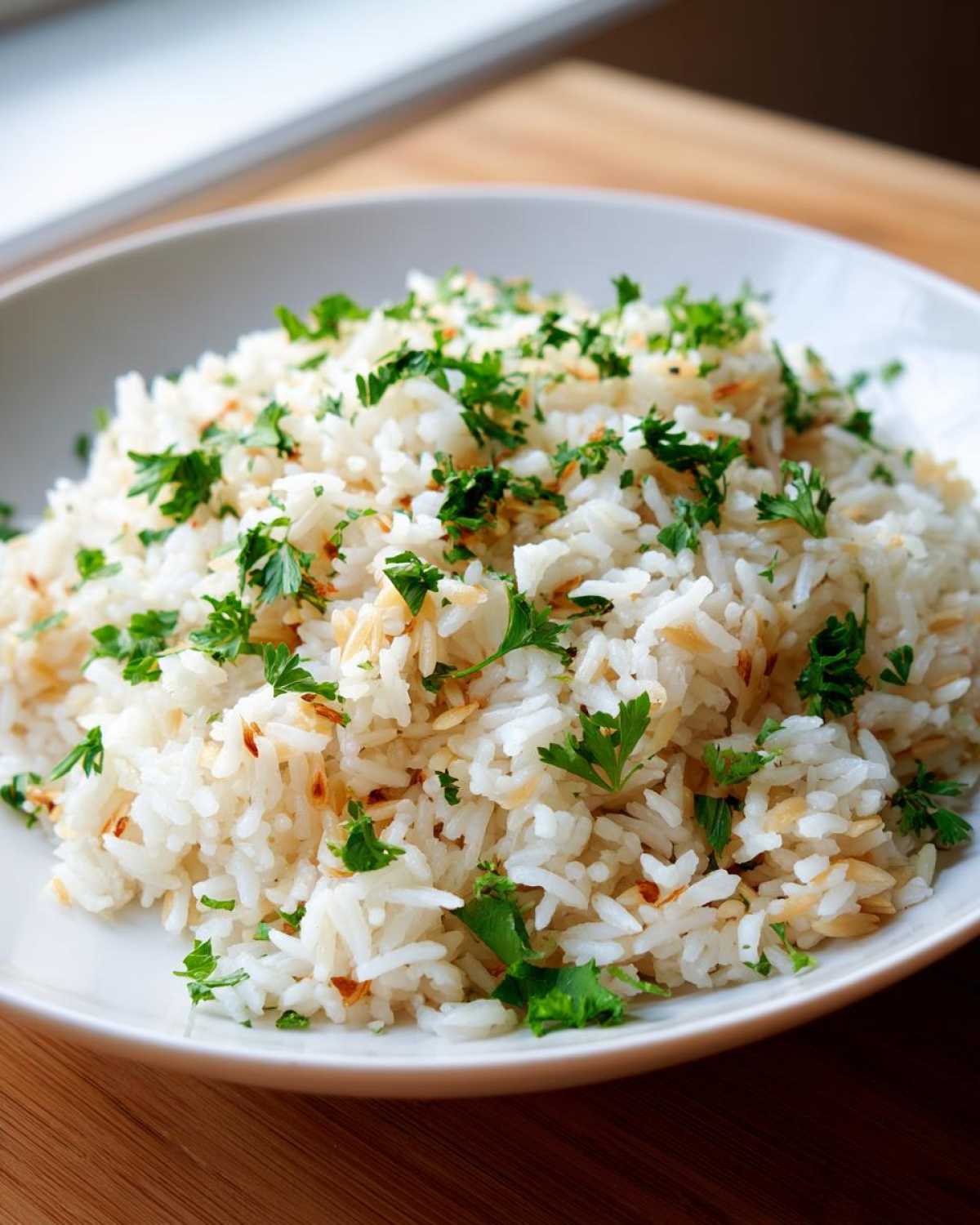 A close-up of a white bowl filled with fluffy rice pilaf recipe, mixed with toasted pasta and topped with fresh chopped parsley.