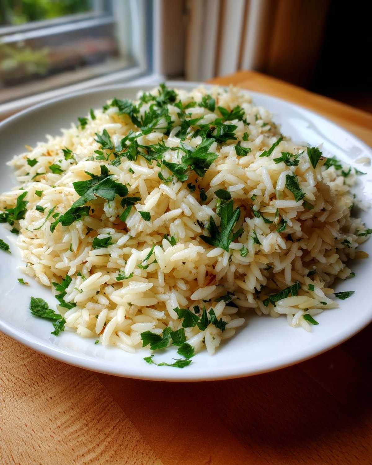 A close-up of a white plate filled with fluffy rice pilaf recipe, garnished generously with chopped fresh parsley.
