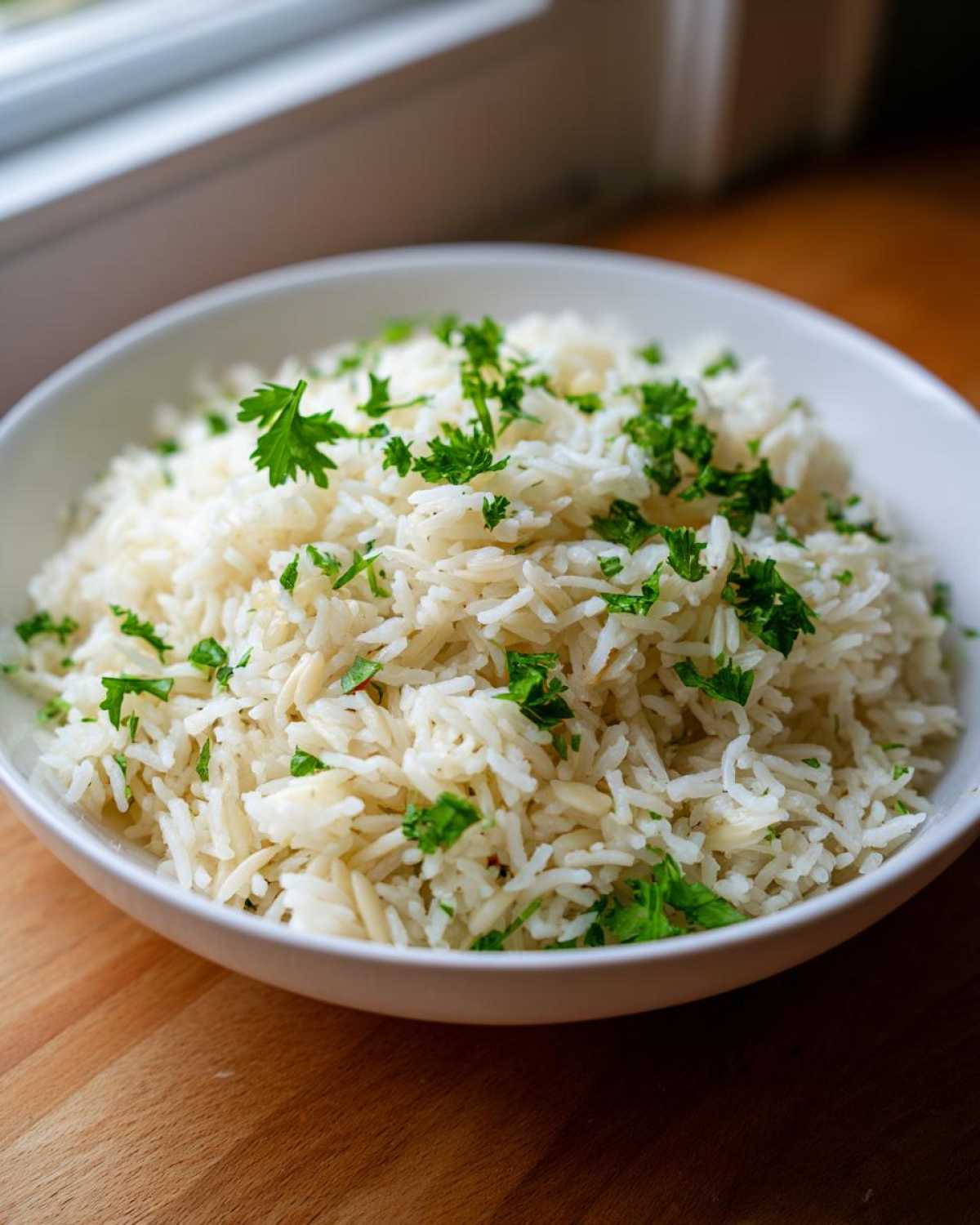 A close-up of a white bowl filled with fluffy rice pilaf recipe, topped with fresh chopped parsley.